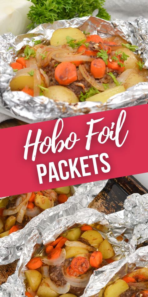 These Beef and Vegetable Hobo Dinners are so simple, plus it won't make any dirty pans. Make these in the oven or on the grill. Hobo Foil Packets, Hobo Meals, Hobo Dinner Recipes, Recipes Ground Turkey, Venison Steak Recipes, Tin Foil Dinners, Hobo Dinners, Foil Packet Dinners, Deer Recipes