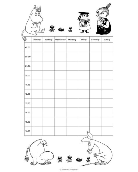 Moomin schedule – print out for free and keep track of your daily activities! Moomin Party Ideas, School Schedule Design, Moomin Coloring Pages, Moomin Valley Aesthetic, Moomin Diy, Sanrio Prints, Moomin Christmas, Moomin House, Moomin Books