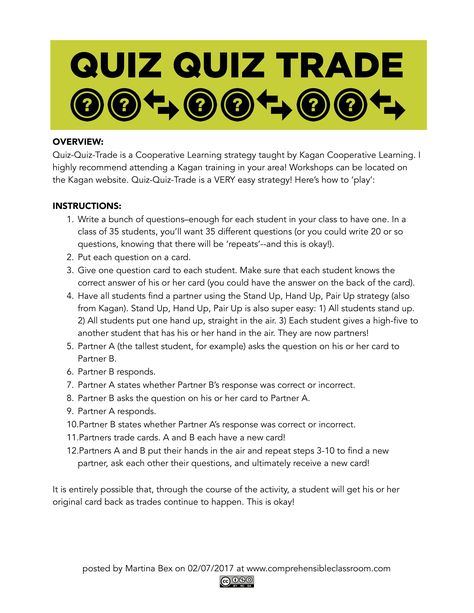 Instructions for the Kagan structure Quiz Quiz Trade - a great activity to use for speaking in world language classes! Kagan Strategies, Kagan Structures, Quiz Quiz Trade, Languages Learning, Cooperative Learning Strategies, World Language, Language Classes, Leadership Activities, Class Games