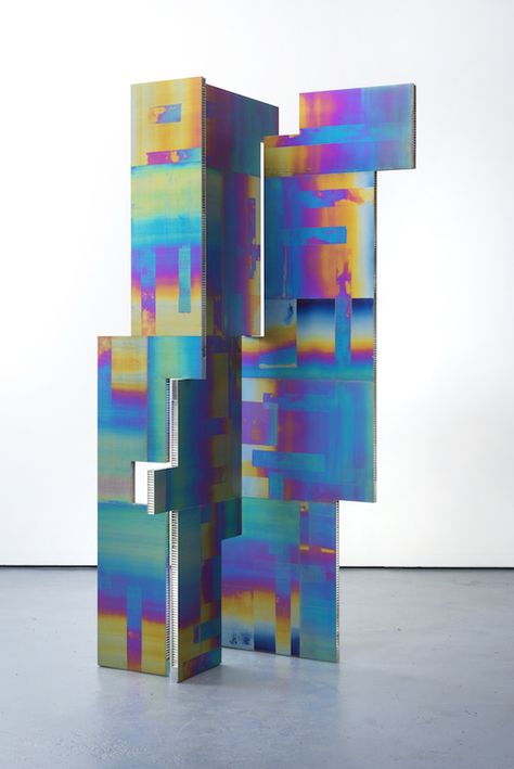 Mark Hagen, A Parliement of Some Things (Additive and Subtractive Sculpture, Titanium Screen, Panels 3, 4, 5), 2014, Anodized titanium on aluminium honeycomb panel, 3 parts: 84 x 36 inch (3), 84 x 36 inch (4), 84 x 18inch (5). Courtesy of Kelly Ying. Subtractive Sculpture, Colorful Streetwear, Anodized Titanium, Living Room Scandinavian, China Art, Art Objects, Contemporary Art Gallery, A Lady, Art Fair