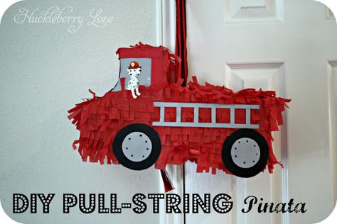 Huckleberry Love: DIY Pull String Piñata Fireman Sam Birthday Cake, Fire Engine Party, Fireman Party, Firetruck Birthday Party, Fireman Birthday, Firefighter Party, Fire Truck Party, Piñata Ideas, Fireman Sam