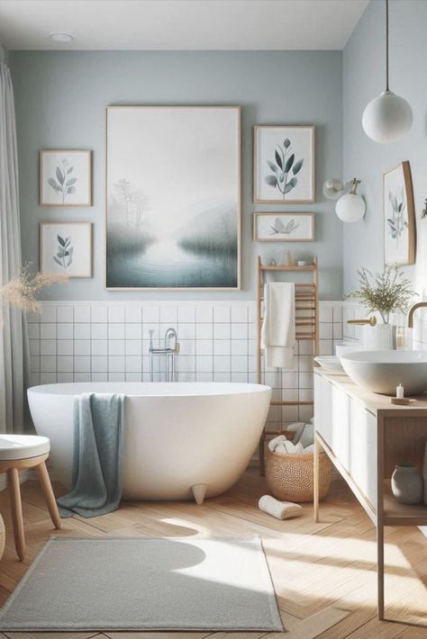 Embrace Scandinavian design with this serene combination of pale blue and light wood. Clean lines and calming colors for your bathroom. #ScandinavianBathroom #PaleBlueAndWood Light Blue Green Bathroom Ideas, Bathroom Interior Blue, Light Blue Bathroom Ideas Paint, Light Blue Bathroom Decor Ideas, Color Scheme For Bathroom, Dusty Blue Bathroom Paint, Spa Blue Bathroom, Neutral Blue Bathroom, Blue Boho Bathroom