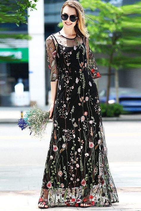 Dress Pengantin, Party Wear Long Gowns, Flowers Outfit, Embroidery Maxi Dress, Sheer Embroidered Dress, Mother Of Bride Outfits, Sketches Dresses, Kurta Designs Women, Black Embroidery