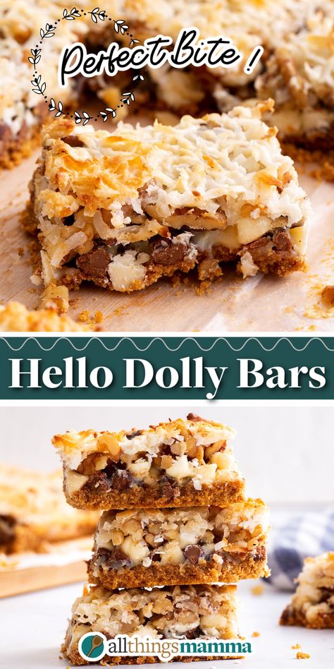 2-image collage of Hello Dolly Bars Hello Dollies Bars Recipe Condensed Milk, Hello Dolly Bars Recipe, Dolly Bars, Hello Dolly Bars, Sweet Condensed Milk, Banana Dessert Recipes, Quick Easy Desserts, Banana Dessert, Cracker Crust