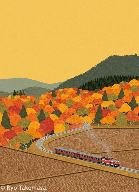 Ishikyo Mate November 2018 on Behance by Ryo Takemasa #artwork #digitalart #illustrationinspo #illustrationdaily #illustrationnow Ryo Takemasa Illustration, Ryo Takemasa, November Art, Illustration Tree, Train Illustration, November Wallpaper, Stock Design, Gig Poster, Autumn Illustration