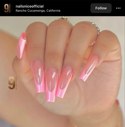 Pink On Pink Chrome Nails, Pink Nails With Chrome Tips, Pink Chrome French Tip Nails Coffin, Pink And French Nails, Neon Pink Birthday Nails, Pink Metallic Acrylic Nails, Pink Crome Nails Square, Pink Chrome Nails With Rhinestones, Light Pink Chrome Nails French Tip