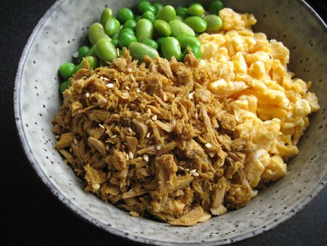 Spicy Tuna, Sauteed Spinach, Fish And Meat, Corn Kernel, Rice Wine, Toasted Sesame Seeds, Curry Powder, Edamame, Rice Bowls