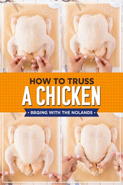 Whole raw chicken being trussed. How To Truss A Chicken, Truss A Chicken, Easy Chicken Sandwich, Bang Bang Chicken, Chicken Roll Ups, Savory Chicken, Stuffed Whole Chicken, Fries In The Oven, Chicken Casserole