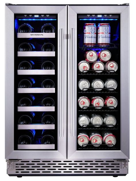 24 Inch Built In Dual Zone Wine and Beverage Cooler Fridge Under Counter Wine and Beer or Drink Fridge Office Kitchen Ideas, Wine And Beverage Cooler, Wine And Beer Fridge, Budget Friendly Kitchen, Glass Door Refrigerator, Fridge Design, Small Kitchen Design Ideas, Steel French Doors, Undercounter Refrigerator