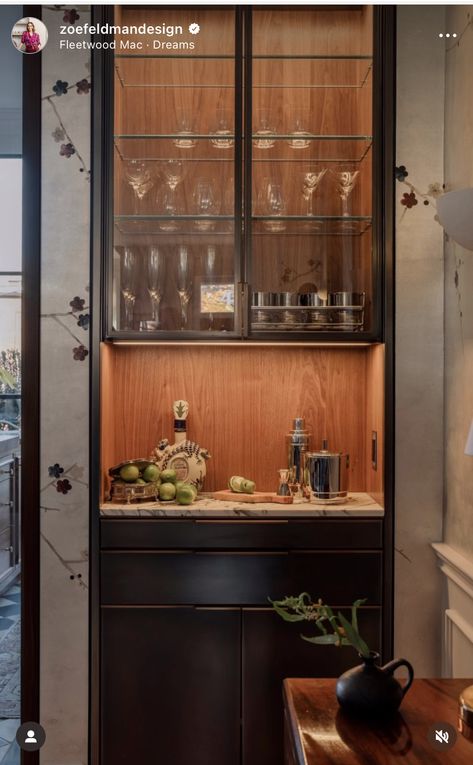 Dining Room Built In Bar, Wine Glass Cabinet, Built In Bar Cabinet, Bar Cabinetry, Dc Townhouse, Bar In Living Room, Quartz Island, Glass Upper Cabinets, Bar Renovation