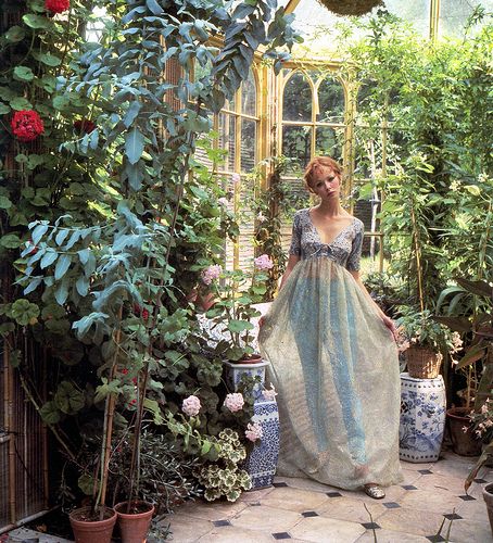 English model Maudie James in the conservatory of Reddish House (Beaton's home), photo by Cecil Beaton, 1968 English Fashion, Cecil Beaton, Gardening Outfit, Vintage Fashion Photography, Fairy Girl, Sarah Michelle Gellar, Home Photo, Inspirational Pictures, Vintage Beauty