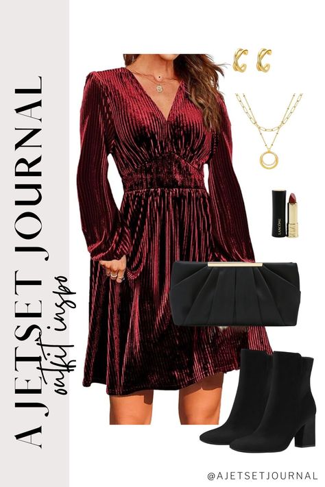 These Christmas outfits are absolutely gorgeous – they make me want to find more new years parties to go to this season so I can wear them all! From this classic velvet v-neck wrap dress in this beautiful ruby red color to classic little black dresses. Dresses with boots are so on trend right now, I love these chunky winter heels! A clutch purse is the perfect bag to carry with you, I love this black clutch bag with a chain strap and gold details. Get more new years eve party ideas HERE! Velvet Wrap Dress Outfit, Velvet Dress Outfit Winter, Red Velvet Dress Outfit, Burgundy Holiday Dress, New Years Eve Party Ideas, Dresses With Boots, Velvet Dresses Outfit, Rich Winter, Dark Green Velvet Dress