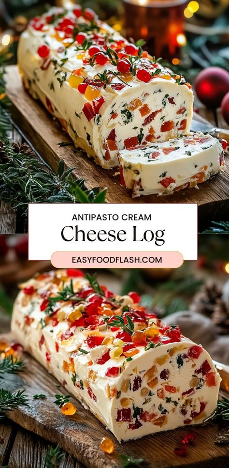 This Festive Holiday Antipasto Cream Cheese Log is a delicious, no-fuss appetizer that brings bold antipasto flavors to your holiday table. Cream cheese is blended with roasted red peppers, olives, artichokes, and Parmesan, then coated in parsley for a beautiful presentation. Serve it with crackers or veggie sticks for a crowd-pleasing dish that’s as festive as it is tasty. Cream Cheese Log, Cheese Log Recipes, Antipasto Appetizer, Staple Recipes, Veggie Sticks, Cheese Log, Christmas Cheese, Appetizers Easy Finger Food, Cheese Ball Recipes