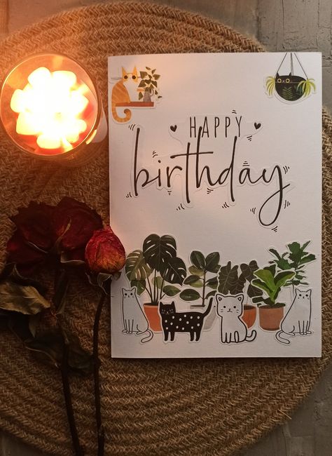 Cat and plant theme birthday card white Birthday Cards Cat Theme, Plant Theme Birthday, Birthday Cards Cat, Cat Themed Birthday Cards, Cat Birthday Card, Cat Themed, Theme Birthday, Cat Theme, Plant Lover