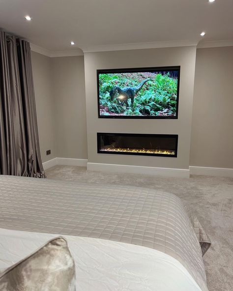 33 Fireplace Ideas with TV: Ultimate Living Room Enhancements - placeideal.com Bedroom Media Wall, Fireplace Ideas With Tv, Wall Units With Fireplace, Entryway Decorating, Built In Electric Fireplace, Home Entryway, Feature Wall Living Room, Stylish Bedroom Design, Fireplace Tv Wall