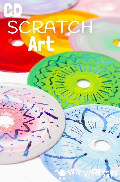 CD SCRATCH ART - Kids can have loads of fun with old CDs making vibrant Colourful CD Scratch Art. It's a fabulous recycled and process art opportunity for kids of all ages. #paintingwithkids #kidsactivities #kidspaint Occ Crafts, Decoration Creche, Library School, Kids Craft Room, Recycled Art Projects, Old Cds, Cd Crafts, Cd Art, Scratch Art