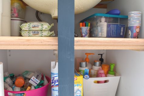 Organizing Projects for under $20 - Zucchini Sisters Under Cabinet Bathroom Storage, Organizers Diy, Cabinet Bathroom Storage, Under Sink Shelf, Under Bathroom Sink, Bathroom Organizing, Cheap Organization, Bath Sink, Vanity Shelves