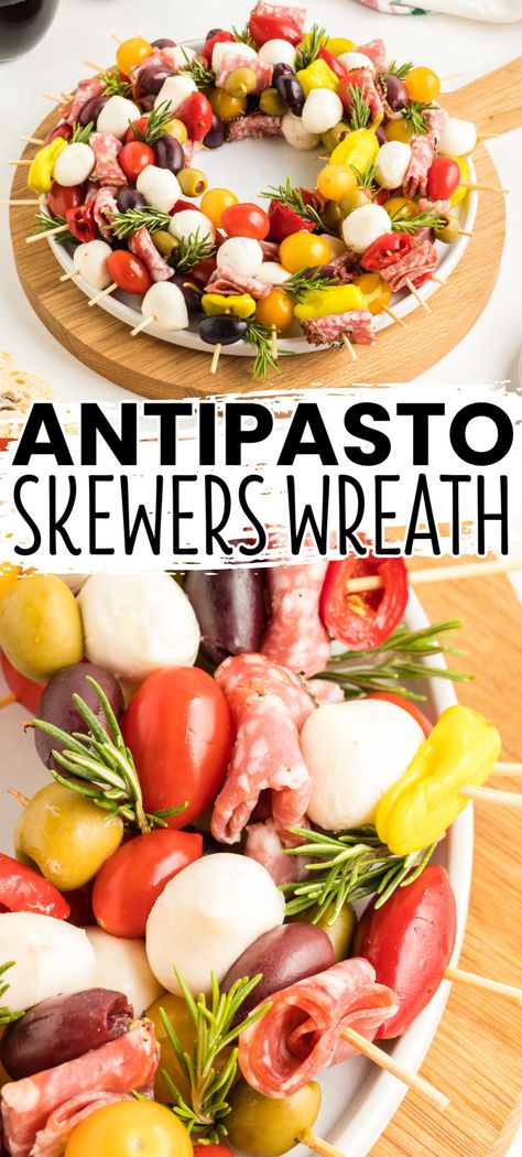 Create a stunning centerpiece with this Antipasto Skewers Wreath. It's a delicious appetizer that's perfect for all your holiday gatherings! #BreadBoozeBacon #antipasto #skewers #wreath #salami #tomato #cherrypeppers #pepperoncini #mozzarella #olives #christmas #newyearseve #appetizer #fingerfood Antipasto Skewers With Tortellini, Appetizer Skewers, Tailgate Party Food, Bread Booze Bacon, Antipasto Skewers, Party Bites, Skewer Appetizers, Antipasto Platter, Party Snack Food