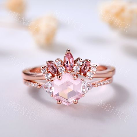 Unique rose gold Hexagon cut rose quartz wedding set,perfect as engagement/wedding ring, birthday or anniversary gift, etc. Rose Quartz Engagement Ring set Hexagon cut Rose gold ring Art deco marquise cut Pink Tourmaline curved band Anniversary Promise ring Engagement Ring ❀gemstone is 7X6mm hexagon cut natural rose quartz❀ ❀side stone is moissanite, VVS Clarity,AAA❀ ❀925 Sterling Silver,Rose/White/Yellow Gold Plated❀ ❀14/18k Solid White/Rose/Yellow gold❀ Wedding Band ❀marquise cut pink tourmali Rose Quartz Wedding Ring, Rose Wedding Ring, Pink Wedding Ring, Rose Wedding Rings, Rose Quartz Engagement Ring, Rose Quartz Wedding, Rosegold Ring, Rose Quartz Ring Engagement, Quartz Engagement Ring