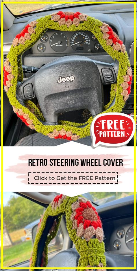 crochet Retro Steering Wheel Cover free pattern - FREE Crochet Wheel Cover Pattern for Beginners. Click to Get the Pattern #WheelCover #crochetpattern #crochet via @shareapattern.com Crochet Pattern Steering Wheel Cover, Granny Square Steering Wheel Cover Pattern Free, Granny Square Steering Wheel Cover Pattern, Crochet Car Console Cover Free Pattern, Crochet Sterling Wheel Cover Pattern, Crochet Seat Belt Cover Free Pattern, Crochet Patterns For Car, Car Coaster Crochet Pattern, Crochet Seat Cover Pattern Free