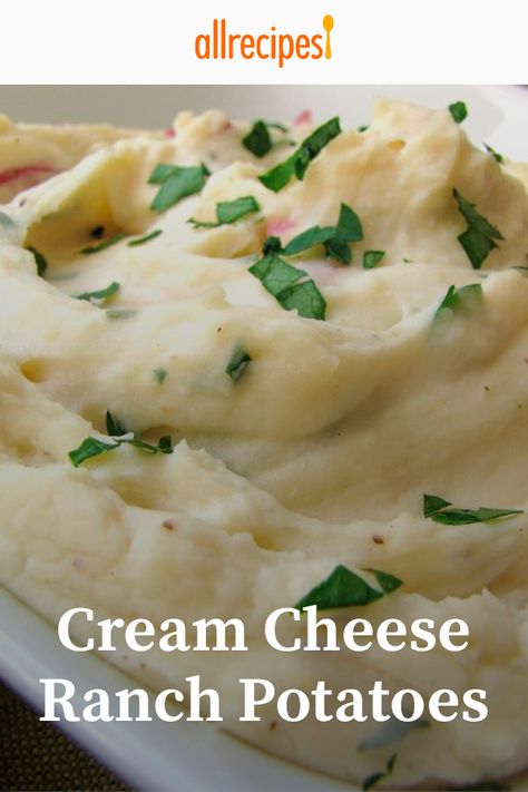 Cream Cheese Ranch Potatoes | "Wow - really nice twist on a comfort food classic! If you like the flavor of Ranch, you'll love these mashed potatoes." #allrecipes #sidedishrecipes #sides #dinnersidedish #sidedishes #sidedishideas Mashed Potatoes With Ranch Dressing, Ranch Mashed Potatoes Recipe, Ranch Mashed Potatoes Hidden Valley, Cheesy Ranch Mashed Potatoes, Cheese Ranch Potatoes, Mashed Potatoes Recipe Cream Cheese, Potatoes With Cream Cheese, Flavored Mashed Potatoes, Cream Potatoes