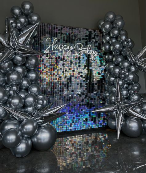 Disco Ball Decorations, 21st Bday Ideas, Prom Themes, Shimmer Wall, Prom Theme, Silver Balloon, Grandma Birthday, 18th Birthday Party, Alice In Wonderland Party