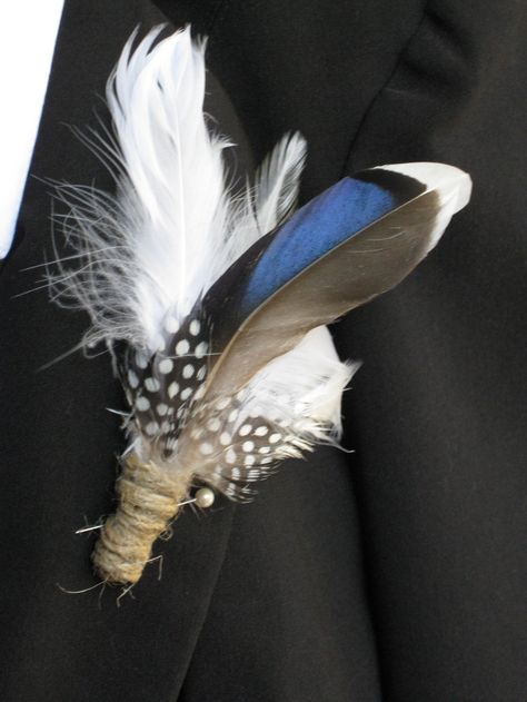 boutonniere with duck feathers - Google Search Duck Feather Wedding, Camoflauge Wedding, Duck Stuff, Blue Boutonniere, Feather Boutonniere, Groom's Attire, Wedding Flowers Sunflowers, Duck Hunter, Wedding Boutonniere