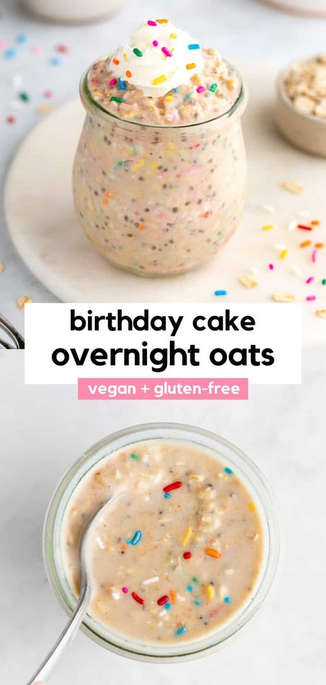 Birthday cake overnight oats are healthy, vegan, gluten-free, and taste like funfetti dessert for breakfast! This cake batter overnight oats recipe is made with yogurt, chia seeds, cashew butter, maple syrup, and rainbow sprinkles. It's great for meal prep, for kids, and as a birthday breakfast. If you have a sweet tooth, you'll love this dessert oatmeal! #overnightoats #overnightoatmeal #oatmeal #oatmealrecipe #birthdaycake #cakebatter #funfetti #mealprep #veganbreakfast #healthybreakfast Funfetti Overnight Oats, Vegan Birthday Breakfast, Birthday Cake Baked Oats, Birthday Oatmeal, Kids Overnight Oats, Healthy Birthday Breakfast, Birthday Cake Oatmeal, Healthy Birthday Desserts, Cake Batter Overnight Oats