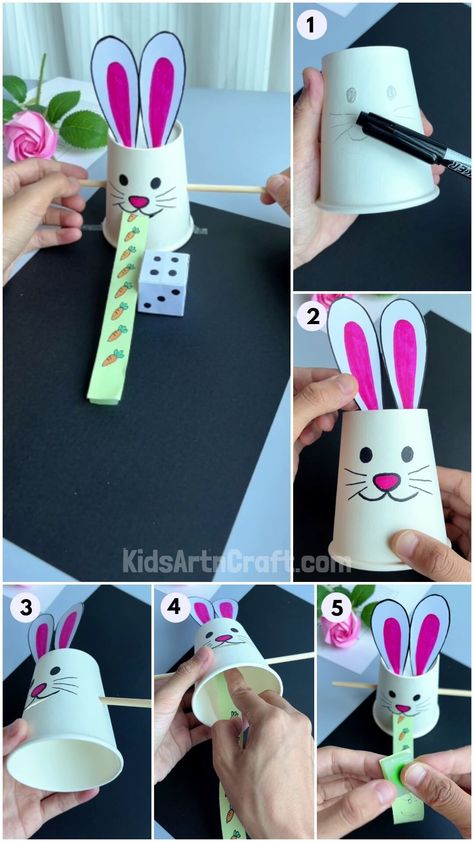 Paper Cup Bunny Eating Carrot Learning Craft Tutorial For Kids Paper Cup Crafts For Kids, Easy Rabbit Crafts For Kids, Bunny Kids Craft, Paper Cup Bunny, Bunny Cup Craft, Rabbit Kindergarten Activities, Bunny Cups Diy, Arts And Crafts For Kids Toddlers, Carrot Craft