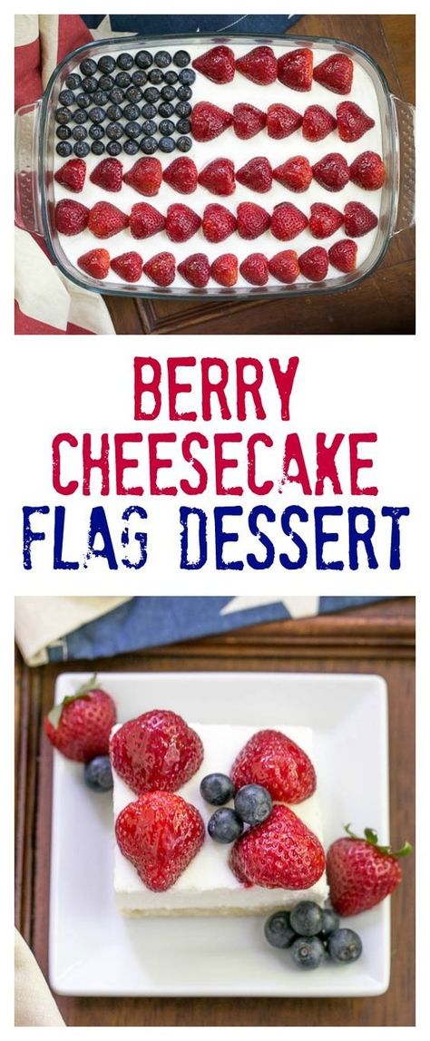 Berry Cheesecake Flag Dessert | Shortbread crust covered with a light whipped cheesecake filling, then decked out like the American flag with luscious, ripe berries! /lizzydo/ Mug Cake Snickerdoodle, Whipped Cheesecake, Flag Desserts, Chicke Recipes, Summer Eats, Patriotic Desserts, Berry Cheesecake, Best Cheesecake, Fourth Of July Food