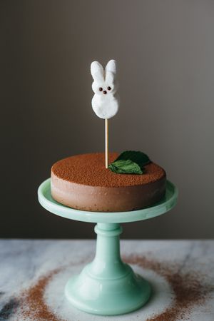 fresh mint peep cake toppers + other ways to accessorize your cheesecake Cheesecake Decorating, Chocolate Bunny Cake, Peep Cake, Pastel Animals, Cake Bunny, Bunny Cake Topper, Peeps Cake, Macaroon Cake, Brunch Inspiration