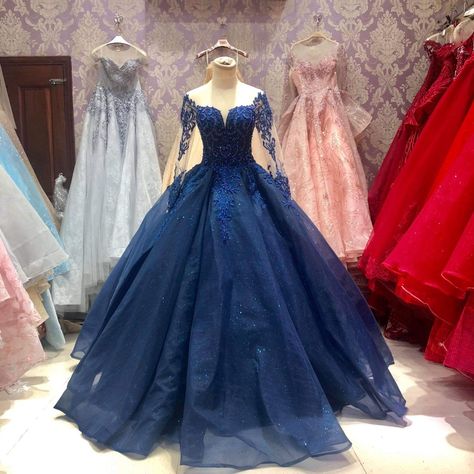 Navy Blue Quinceanera Dresses With Sleeves, Long Sleeve Quinceanera Dresses Blue, Long Sleeve Quince Dresses, Dark Blue Quince Dress With Sleeves, Starry Night Quinceanera Dress, Sapphire Quinceanera Dresses, Navy Blue Quinceanera Dresses With Silver, Dark Blue Sweet 16 Dresses, Dark Blue Quince Dress