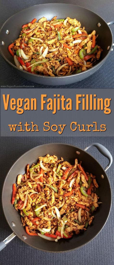 Vegan fajita filling with soy curls, peppers and onions - an easy vegan fajita or taco filling recipe that uses soy curls as the main ingredient. | soy curls fajita filling | soy curls tacos | soy curls burrito | soy curls recipes | vegan fajitas recipe | vegetarian fajitas recipe | vegan taco recipe | easy vegan recipes | vegan taco night | #soycurlsrecipes #soycurls #vegantacos #veganrecipes Soy Curl Recipes, Fajitas Vegan, Vegan Fajita, Soy Curls Recipes, Vegetarian Fajitas, Vegan Fajitas, Vegan Tacos Recipes, Vegan Runner, Soy Curls