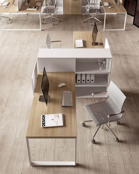 Office Desk Set Ups, Modern Office Workstations, Small Workstation Office, Office For Two People Layout Business, Small Corporate Office Design Layout, Office Space Divider Ideas, Modern Office Workstations Design, Corporate Office Design Concept, Small Office Workstations Design