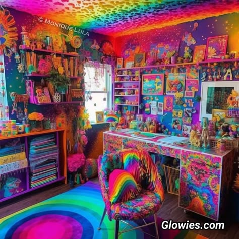 Lisa Frank Office, Lisa Frank Room Decor, Kidcore Living Room, Bright Colored Bedrooms, Clowncore Room, Lisa Frank Room, Rainbow Room Aesthetic, Kidcore Bedroom, Clown Room