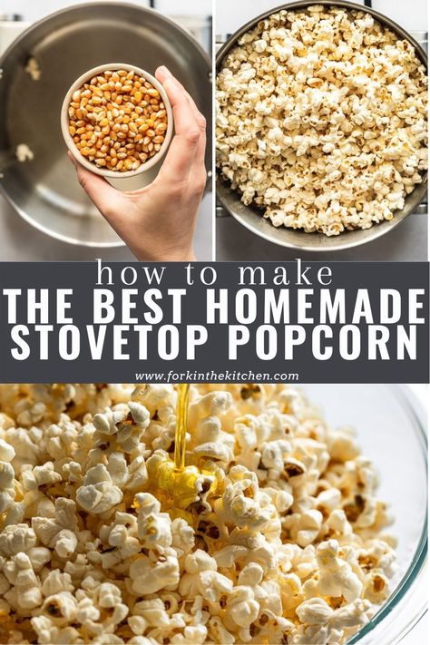 In less than 5 minutes, have hot, fresh, crunchy, butter homemade popcorn that's made right on your stovetop! All you need is some cooking oil - coconut oil gives you the best movie-theater-like popcorn - white or yellow popcorn kernels, and your favorite toppings. Turn this classic popcorn recipe into a variety of sweet or savory versions. Fresh Popped Popcorn, Best Butter Popcorn Recipe, Buttered Popcorn Homemade, Popcorn Oil Recipe, Stovetop Butter Popcorn, Popcorn Coconut Oil, Popcorn Kernels On Stove, Popcorn On Stovetop How To Make, Stove Popcorn How To Make