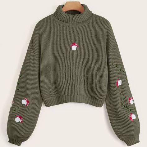 High Neck Sweaters Women, Mushroom Embroidery, Women Sweaters, High Neck Sweater, Cute Simple Outfits, Really Cute Outfits, Cute Sweaters, Dream Clothes, Crochet Sweater