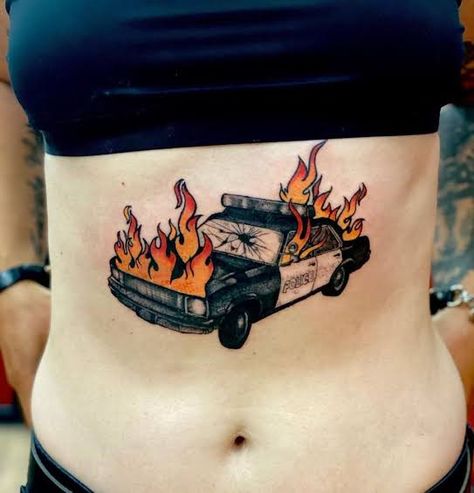 Burning Cop Car Tattoo, Police Car Tattoo, Car On Fire Tattoo, Old School Car Tattoo, Cop Tattoos, Llama Tattoo, Revolution Tattoo, Acab Tattoo, Brother Sister Tattoo