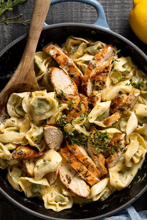 Creamy Lemon Herb Roasted Chicken + Spinach Tortellini - Orchids + Sweet Tea Lemon Chicken Tortellini, Chicken Ravioli Recipe, Ravioli With Chicken, Lemon Herb Roasted Chicken, Spinach Tortellini, Cooking With White Wine, Chicken Tortellini, Tortellini Recipes, 2024 Recipes