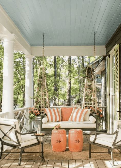 Why Should You Have a Blue Ceiling on Your Porch 9 Farmhouse Porch Swings, Haint Blue Porch Ceiling, Front Porch Seating, Blue Porch Ceiling, Porch Kits, Front Porch Swing, Haint Blue, House Front Porch, Sunday Friends