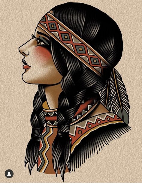 Traditional Tattoo Indian, Traditional Tattoo Illustration, Indian Girl Tattoos, Traditional Tattoo Woman, American Traditional Tattoo Ideas, Traditional Tattoo Inspiration, Traditional Tattoo Ideas, Native American Tattoo, Aztec Tattoo Designs