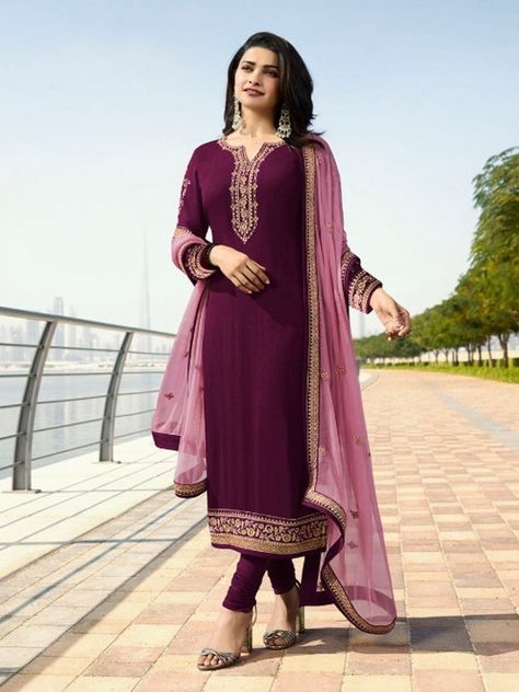 Wine Colour Suit For Women, Wine Colour Combination, Wine Colour Suit, Wine Suit, Wine Colored Dresses, Prachi Desai, Wine Colour, Pengantin India, Wine Purple