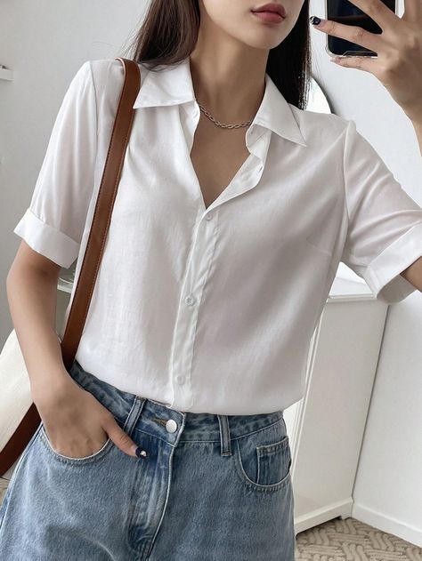 White Casual Collar Short Sleeve Woven Fabric Plain Shirt Embellished Non-Stretch Summer Women Clothing White Shirt Shorts Outfit, White Short Sleeve Button Up Outfit, Open Shirt Outfit Women, White Collar Shirt Outfit, Half Sleeve Shirts Women, Collared Shirt Outfits, Sleeve Shirt Outfit, Casual White Shirt, Button Down Outfit