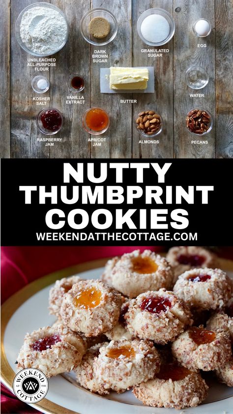 Nutty Thumbprint Cookies - Holiday favourite! Birdsnest Cookies Recipe, Birdsnest Cookies, Bird Nest Cookies, Jam Drops, Birds Nest Cookies, Buttery Sugar Cookies, Xmas Baking, Almond Meal Cookies, Cookies Holiday