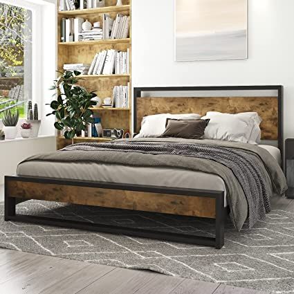 Amazon.com: IMUsee Full Size Platform Bed Frame with Wood Headboard and Metal Slats, Rustic Country Style, Strong Metal Slats Support, Easy Assembly : Home & Kitchen Cama Industrial, Rustic Platform Bed, Queen Size Metal Bed Frame, Queen Metal Bed, Full Size Platform Bed, Full Platform Bed, Full Size Bed Frame, Full Bed Frame, Wooden Headboard