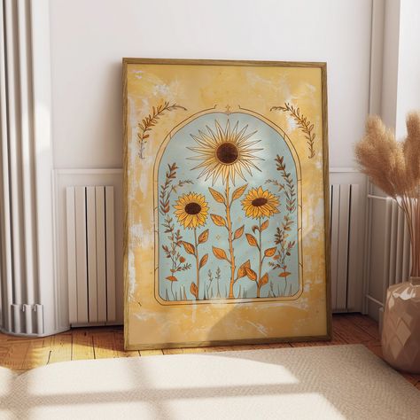 🌞 Sun Art Poster - Mystical Sunflowers Folk Illustration 🌻✨ Transform your space into a haven of warmth and enchantment with our Sun Art Poster! 🌞✨ This folk illustration print features a radiant sun and ethereal sunflowers 🌻, exuding spiritual and mystical vibes. Perfect for those who adore vintage boho decor, this artwork adds a touch of floral magic to any room. 🌼🌿 🌻 Key Features: High-Quality Print: Printed on premium paper for vibrant colors and lasting quality. 📜 Folk Illustration: Wall Art Earth Tones, Vintage Boho Bedroom, Folk Art Illustration, Bedroom Canvas Art, Art Soleil, Folk Illustration, Vintage Inspired Wall Art, Illustration Kunst, Earth Tone Wall Art