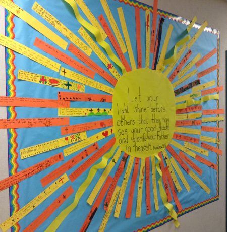 Spring Catholic Bulletin Boards, Christian School Bulletin Board Ideas, Summer Sunday School Bulletin Board, Rosary Bulletin Board Ideas, Catholic Schools Week Door Ideas, Catholic School Bulletin Board Ideas, Summer Church Bulletin Boards, Religious Bulletin Board Ideas, Joy Bulletin Board