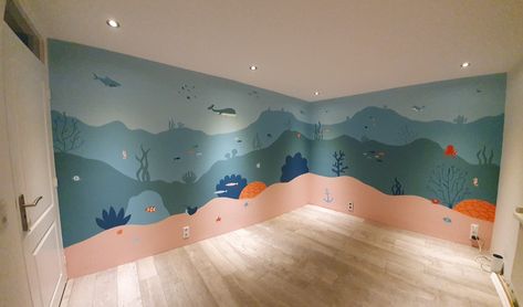 Playroom Painting, Sea Bedroom Ideas, Wall Murals Painted Diy, Playroom Paint, Boy And Girl Shared Room, Sea Bedrooms, Shark Room, Ocean Themed Bedroom, Nursery Wall Murals