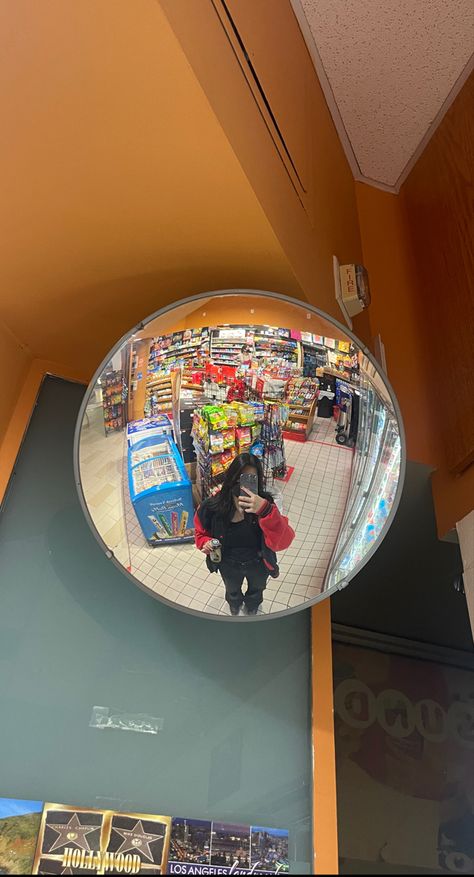 girl in snack store taking a picture in circular mirror Bubble Mirror, Circle Mirror, Convex Mirror, Mirror Pic, Mirror Mirror, Shoot Ideas, Photo Inspo, Selfies, Photo Shoot