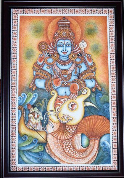 Kerala Mural Painting - Matsya Avatar by Prema Rajagopal Lord Vishnu Images, Matsya Avatar, Vishnu Images, Mural Art Design, Mural Paintings, Contemporary Folk Art, Kerala Mural Painting, Tanjore Painting, Indian Folk Art